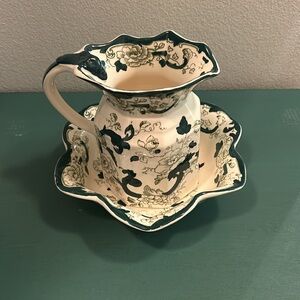 Antique Mason’s Chartreuse Pitcher and Bowl. Patent Ironstone. Green & Cream.